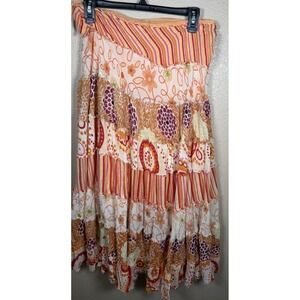 Funky People Patchwork Tiered Boho Midi Skirt 100% Cotton Orange Pink Women's M